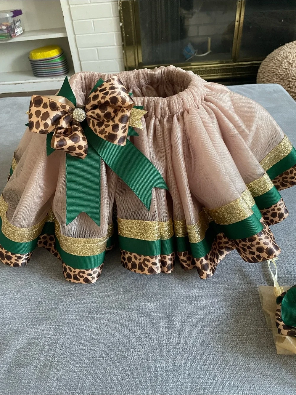 Girls Leopard Print & Green Tulle Tutu Skirt with Matching Bows